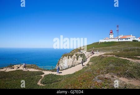 The lighthouse at Cabo da Roca, a cape located close to Lisbon which forms the westernmost point of Europe Stock Photo