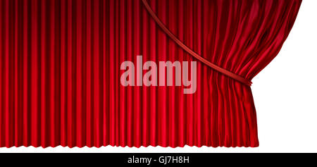 Curtain reveal as cinema or theater drapes with red velvet material opened on the side as a design element for a presentation or anouncement isolated on a white background as a 3D illustration. Stock Photo