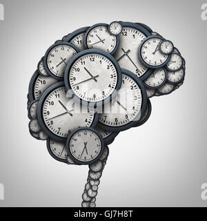 Time brain thinking concept as a group of clock objects shaped as a human mind as a business punctuality and appointment stress Stock Photo