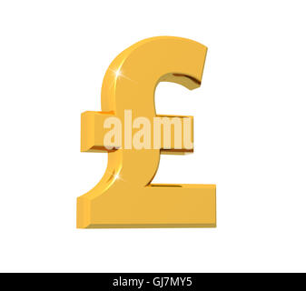 3D rendering of Sterling Pound Symbol made of sparkling gold with reflection isolated on white background. Stock Photo