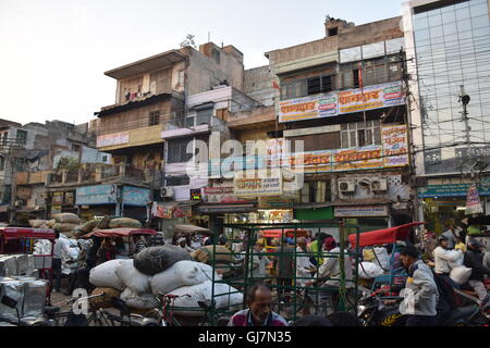 Daily life in the busy area of Chandni Chowk in the old part of Delhi, New Delhi, India Stock Photo