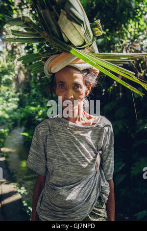Portrait of senior Balinese woman carrying leafs on the head, Ubud, Bali, Indonesia. Stock Photo