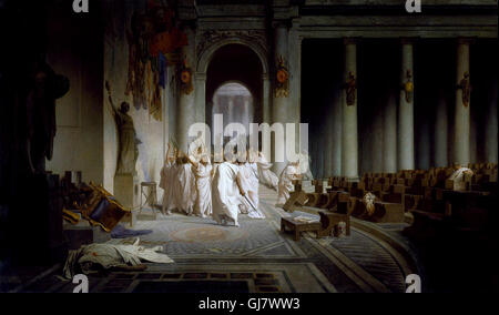 The Death of Caesar, 44 BC by J.L. Gerome. Caesar was assassinated on the Ides of March (15 March) 44 BC. The assassination of Julius Caesar was the result of a conspiracy by many Roman senators. Led by Gaius Cassius Longinus and Marcus Junius Brutus, they stabbed Julius Caesar to death in a location adjacent to the Theatre of Pompey on the Ides of March.
