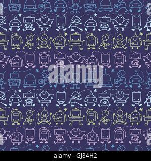 Doodle robots stripes seamless pattern background Stock Vector