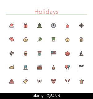 Holidays Colored Line Icons Stock Vector