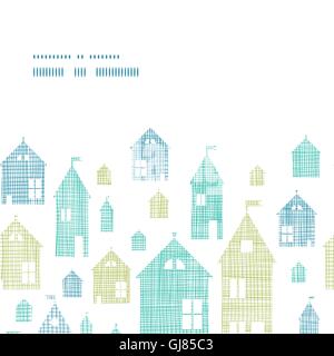 Houses blue green textile texture horizontal frame seamless pattern background Stock Vector