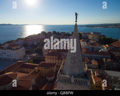 Aerial view of angel on top St Anastasia cathedral in Zadar. Stock Photo