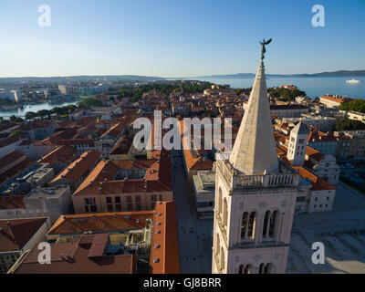 Aerial view of angel on top St Anastasia cathedral in Zadar. Stock Photo