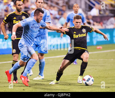 Columbus, U.S.A. 13th Aug, 2016. August 13, 2016:New York City FC midfielder Jack Harrison (11) fights for the ball against Columbus Crew SC midfielder Wil Trapp (20) in th second half. Columbus, OH, USA. (Brent Clark/Alamy Live News) Stock Photo