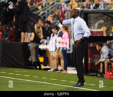 Columbus, U.S.A. 13th Aug, 2016. August 13, 2016: New York FC Head Coach Patrick Vierra coaches from the sidelines in the match against Columbus Crew SC. Columbus, OH, USA. (Brent Clark/Alamy Live News) Stock Photo