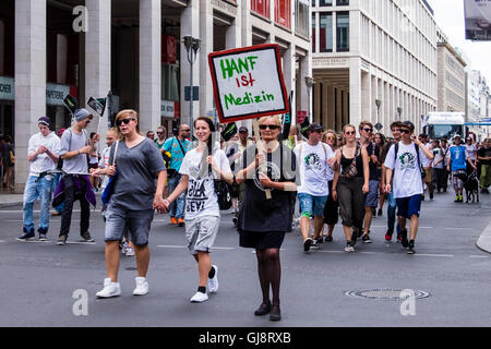 Berlin, Germany, 13th August 2016. The Hanfparade (Hemp parade) takes place annually in August. Demonstrators gathered at the Main Railway station, marched to the Ministry of Health and then to Alexanderplatz where the rally terminated. Protestors carried banners and floats supported the legalisation of Cannabis for medical and recreational use. Speakers explained the many uses of hemp in the manufacturing industry and appealed for access to free medical cannabis for those who need it. Credit:  Eden Breitz/Alamy Live News Stock Photo