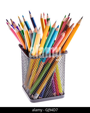 basket with colored pencils on white background Stock Photo
