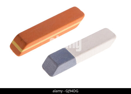 two erasers close-up isolated on white background Stock Photo