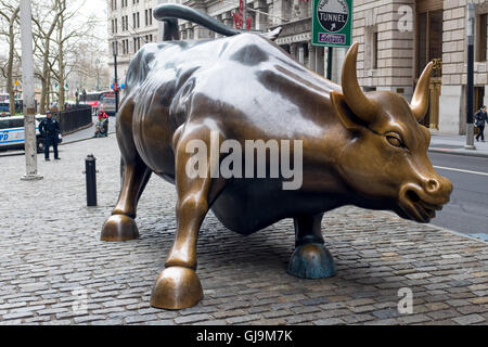 New York City USA Charging Bull, Bowling Green Park, Financial District. The bull, symbolising aggressive financial optimism was Stock Photo
