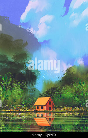 little orange house in forest under the blue sky,illustration painting Stock Photo