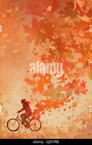 silhouette of man on bicycle with falling autumn leaves on background,illustration painting Stock Photo