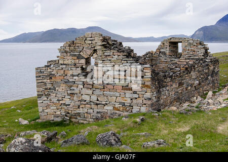 Hvalsey Church ruin built by Norse settlers in 12th century was first Christian church the in country. Qaqortoq Southern Greenland Stock Photo