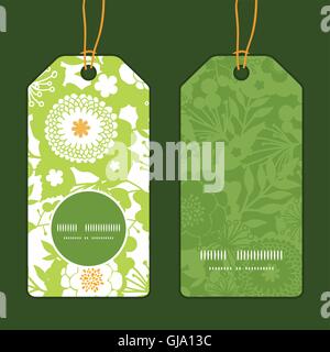 Vector green and golden garden silhouettes vertical round frame pattern tags set Stock Vector