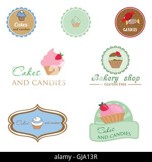 Set of vintage style logo with cupcake and candies. Stock Vector