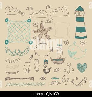 set cute sea objects collection. Stock Vector