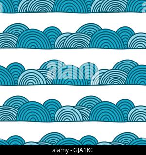 Seamless abstract wave and clouds hand drawn pattern. Vector pattern in colors. Stock Vector