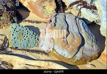 Shapes, colors and patterns of weathered Sydney (Hawkesbury) sandstone sculpted by wind and water, on the New South Wales coast Stock Photo