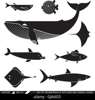 Set of geometrically stylized sea animal icons Stock Vector