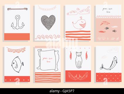 greeting card set cute sea objects collection. Stock Vector