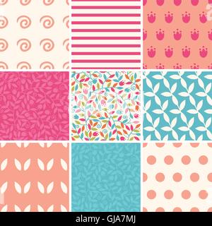 Vector colorful branches set of nine matching repeating patterns Stock Vector