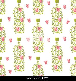 Seamless pattern with wine bottle from grape leaves berries Stock Vector