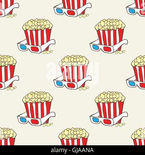 Seamless vector pattern with doodle pop corn baskets and stars Stock Vector