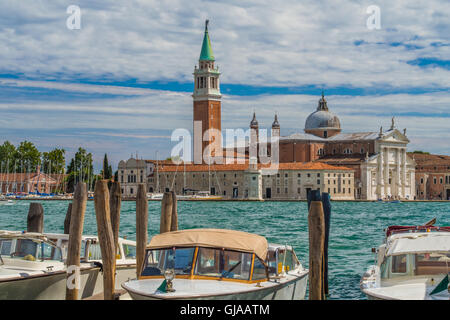 Looking towards the Island of San Giorgio Maggiore, with water Taxi's in the foreground, Venice, Veneto region, Italy. Stock Photo