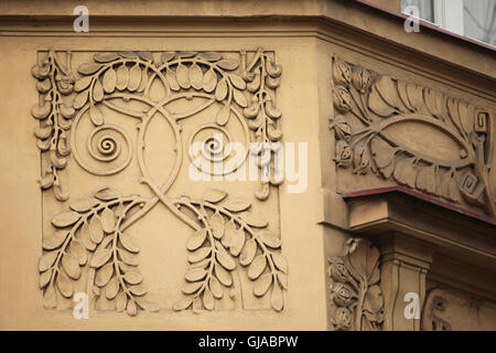 Art Nouveau stucco decoration on the revenue house in Cechova Street in Bubenec District in Prague, Czech Republic. Stock Photo