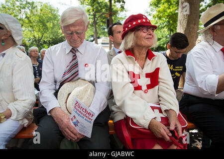 01/08/2016. Zurich, Switzland. Men and women wear patriotic dress at a ceremony in Zurich in celebration of Swiss National Day. Stock Photo