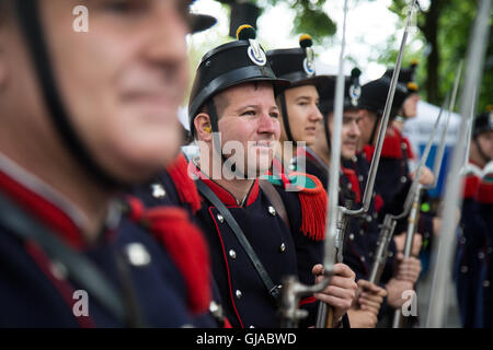 01/08/2016. Zurich, Switzland. Men wear traditional military dress at a ceremony in Zurich in celebration of Swiss National Day. Stock Photo