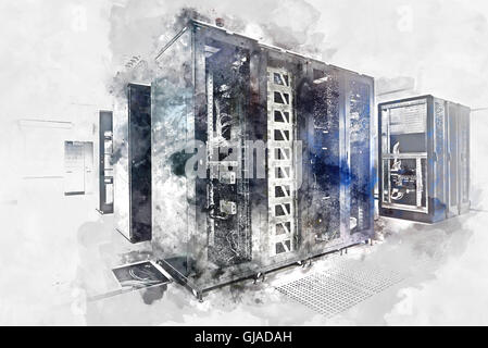 Server room. Digital watercolor painting. Stock Photo