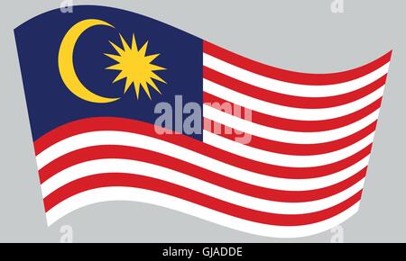Flag of Malaysia waving on gray background. Malaysian national flag. Stock Vector