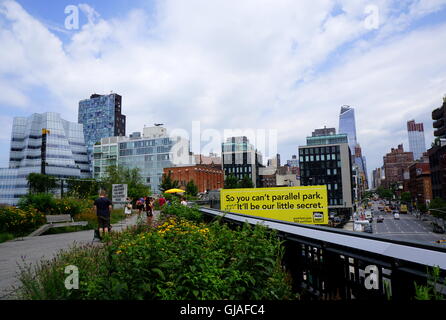 A view of the New York City skyscrapers from The High Line (an elevated public park) in the Chelsea area of Manhattan, NYC Stock Photo