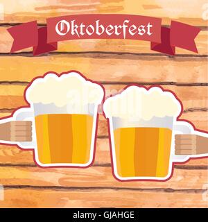 Oktoberfest vector illustration. Two men with beer mugs clinking Stock Vector