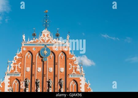 Sculptures On The Facade Of  The House Of Blackheads In Riga, Latvia. Famous Landmark. Travel Destination. Town Hall Square. Fou Stock Photo