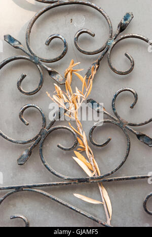 Elements of traditional metal lattice on the old houses closeup. Kato Drys, Cyprus. Stock Photo