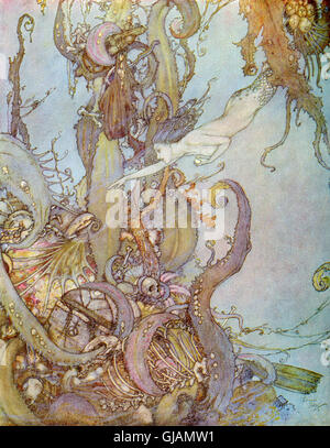 But the little mermaid had no need to do this, for as the mere sight of the bright liquid, which sparkled in her hand like a shining star, they drew back in terror.  Illustration by Edmund Dulac for The Mermaid. Stock Photo