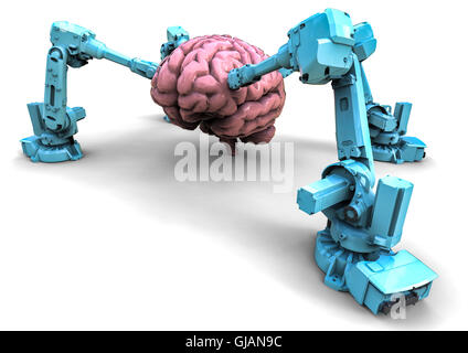 3D render image of 4 robots holding a human brain Stock Photo