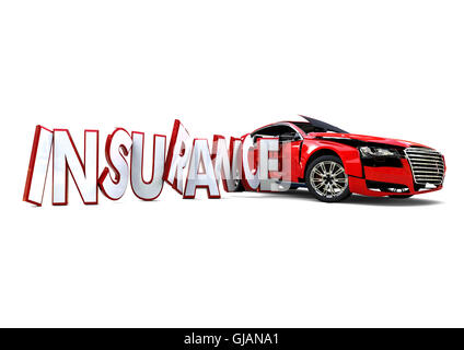 3D render image of a 3D text crushing in to a car representing car insurance concept Stock Photo