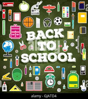 Back to school. School supplies on green chalk board background. Vector illustration. Stock Vector