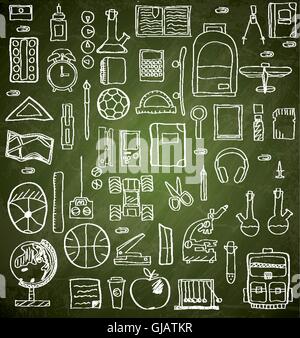 Set of Hand drawn school supplies on green chalk board. Vector illustration. Icons on school theme. Stock Vector