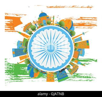 Happy Indian Republic Day Banner. Vector illustration. Concept with indian Landmarks and copy space. Buildings on indian flag. Stock Vector