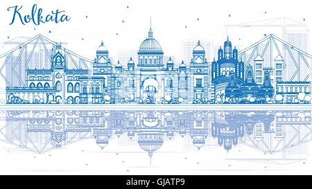 Outline Kolkata Skyline with Blue Landmarks and Reflections. Vector Illustration. Business Travel and Tourism Concept Stock Vector