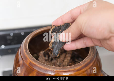 putting herbal to an enamel pot to decoct herbal medicine Stock Photo
