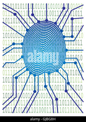 Thumbprint with Circuit Board Computer Binary Code for authentication identification color illustration Stock Photo
